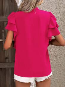 EMERY ROSE 女式简约纯色荷叶边锁孔领衬衫，夏季