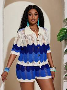 大码女式春季/沙滩/度假渐变色波浪短袖上衣和短裤针织套装 - 藍色 - 查看 6