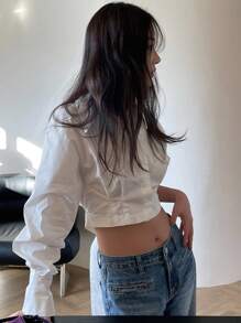 DAZY Women's Solid Color Tie-Waist Cropped Long Sleeve Shirt, White, Spring/Summer/Autumn