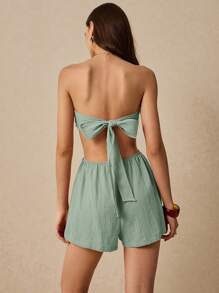 SHEIN Frenchy Maillard薄荷绿棉麻胸前连体衣，腰部镂空设计，穿着舒适透气，适合日常度假外出、婚礼宾客、毕业典礼等场合。 - 薄荷綠 - 查看 6