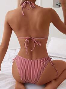 SHEIN Swim 随机条纹图案细肩带短款上衣和侧抽绳粉色比基尼泳装套装，适合夏季海滩度假