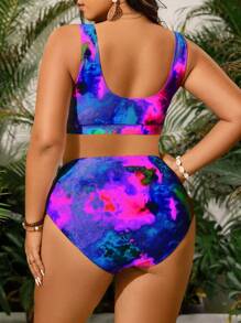 Swim Lushoire 2pcs/Set Plus Size Women Random Print Split Style Casual Vacation Swimsuit For Summer - Purple - View 2