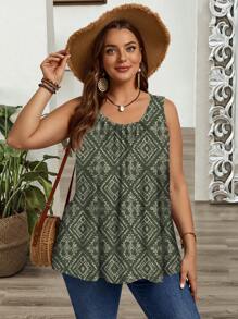 EMERY ROSE Casual Retro Print Pleated Loose Plus Size Tank Top, Suitable For Spring And Summer - Multicolor - View 5