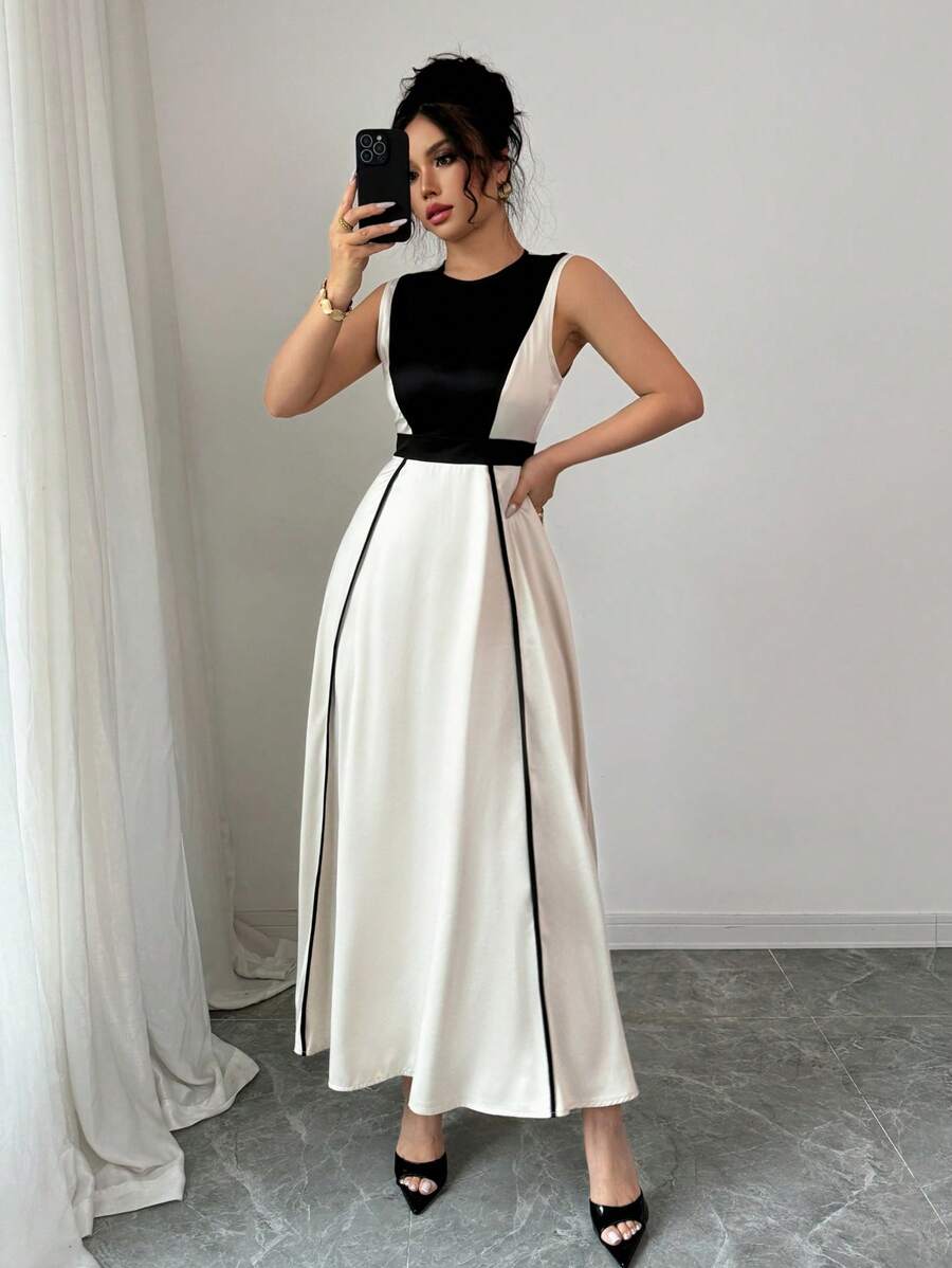 Elenzga Damen elegantes Midi-Kleid mit Farbblockdesign, ärmelloser Taille-Gestaltung