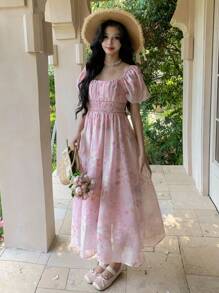 DAZY 夏季新款优雅碎花中长连衣裙，适合音乐节