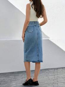 EURMUSE Split Thigh Denim Skirt - Light Wash - View 2