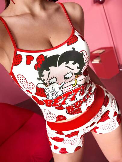Betty Boop x SHEIN 女款白色吊带背心+短裤两件套，运动套装，红色两件套，心形图案，波点图案，复古少女图案，卡通休闲百搭，日常百搭，夏季