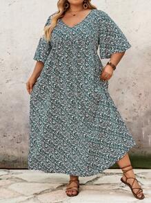 SHEIN CURVE+ 大码女式度假宽松碎花 V 领短袖娃娃裙教师裙、沙滩裙太阳裙、度假服装波西米亚风女士海滩服装/沙滩裙/海滩度假服装/海滩必备品/毕业/茶会礼服