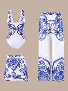 Swim Oasis 2025 New Women 3pcs/Set Printed Swimsuit With Skirt & Mesh Pants, Casual Beach Holiday One Piece Swimsuit Set For Summer