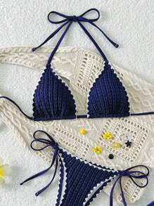 Swim Vcay 女士新款时尚性感纹理面料领口露背比基尼上衣，适合海滩度假 - 藏蓝色 - 查看 5