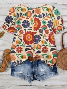 SHEIN LUNE Plus Size Women Casual Ditsy Floral Shirt, Minimalist Design Suitable For Summer - Multicolor - View 2