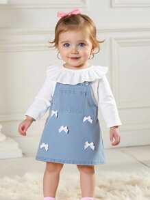 SHEIN 女婴休闲荷叶边领上衣和水洗牛仔围兜裙 2 件套服装，适合家庭聚会，春季/秋季 - 彩色 - 查看 1