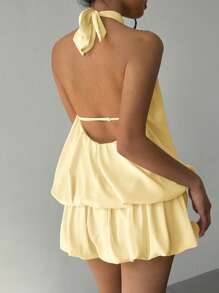 Aloruh Women's Vacation Solid Color Ruffle Hem Fashionable Halter Mini Dress,Summer Dresses For Women Dresses For Wedding Event,Yellow Short Dress - Yellow - View 2