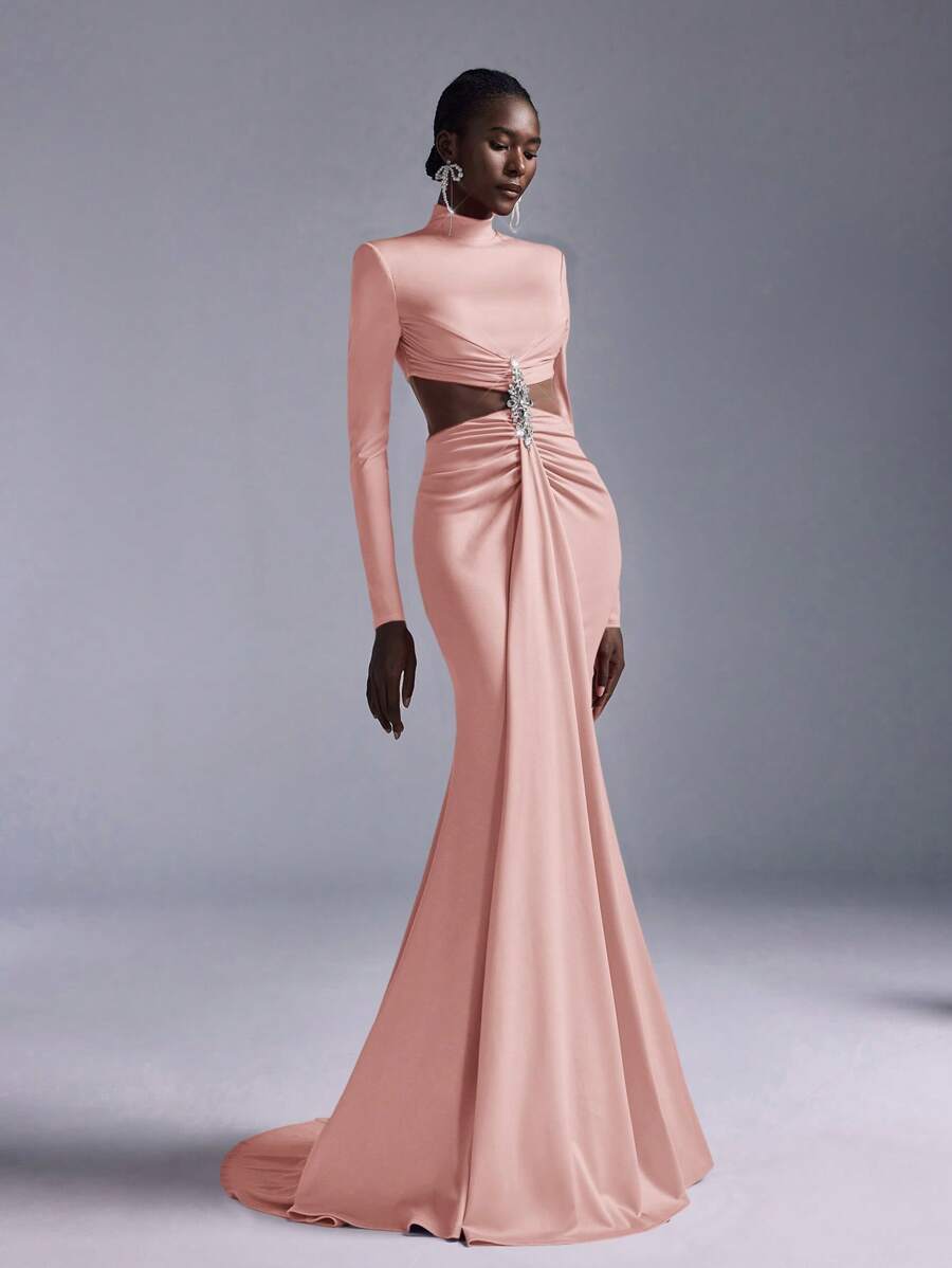 Elitara 简约水钻装饰美人鱼长裙，适合正式活动、派对和晚会，适合女士、派对礼服、长袍、晚会、婚礼宾客 - 粉色 - 查看 1