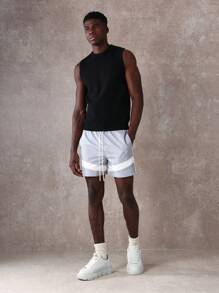 SUMWON Pantalones cortos deportivos de alto rendimiento de lujo con rayas en bloque, shorts de ejercicio de ocio de alta gama, pantalones cortos modernos para entrenamiento físico, cintura elástica, ropa deportiva de actividad física