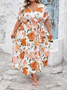 SHEIN CURVE+ Plus Size Summer Vacation V-Neck Loose Fitting Dress With Floral Print And Split Hem Detail, Women's, Valentine's Day Dress, Curve Plus, Boho Vacation Beach Outfits For Woman/Beach Dress/Beach Vacation Outfits/Beach Essentials / Graduation/Tea Party Dress