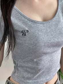 DAZY Women's Oversized Round Neck Letter Embroidery Cropped Short Sleeve T-Shirt With Bow, Grey, Spring/Summer