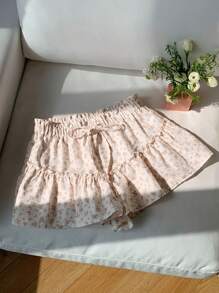 Comfortcana Women's Ditsy Floral Ruffle Casual Shorts, Suitable For Summer, Boho Women's Clothing Biker Shorts, Vacation Outfits Woman, Skorts For Women, Renaissance Fair - Beige - View 7