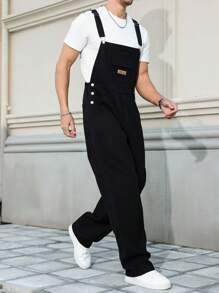 Manfinity Homme Men's Plus Size Black Denim Overalls: Sleeveless Strap Neckline Long Jumpsuit With Pockets - Black - View 6