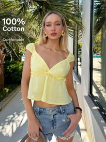 SHEIN EZwear 夏季休閒純色V領A字型短袖上衣 - 黃色 - 查看 6