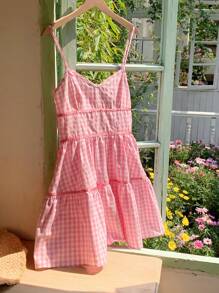 Comfortcana Váy ngắn họa tiết kẻ caro cho nữ, thời trang cho mùa hè - Hồng - Xem 4