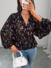 EMERY ROSE Women's Ditsy Floral Lantern Sleeve Loose Blouse, Suitable For Vacation - Black - View 4