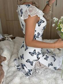 SHEIN Ribbed Knit Butterfly Print Contrast Lace Women's Nightgown Babydoll Holiday Season - White - View 1