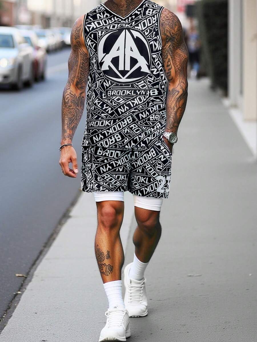 Manfinity Homme Men's All-Over Print V-Neck Tank Top And Pocket Shorts Set, Suitable For Summer - Black - View 1