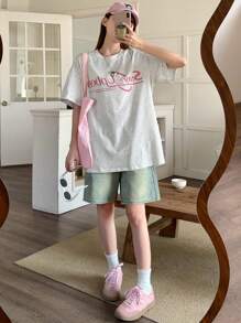 DAZY Women's Casual Slogan Print Short Sleeve T-Shirt, Summer Cute Tops