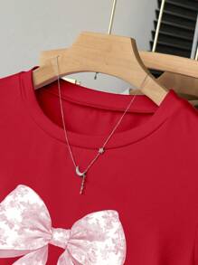 Tween Girls' Simple Versatile Pink Bow Print Short Sleeve T-Shirt