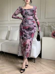 DAZY 女士修身方领植物印花沙滩连衣裙，扎染，高开衩长袖，度假装，秋季碎花长裙 - 中紫紅色 - 查看 6