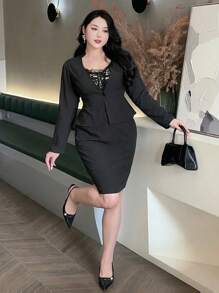 Dazy Plus 2pcs/Set Striped Long Sleeve Blazer Style Top And Short Pencil Skirt Commuter Work Outfit - Black - View 4