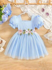 SHEIN Glamorique Kids Baby Girl Square Neck Puff Sleeve Mesh Princess Vacation Dress Baby Princess Dress Princess Dress Toddler Party Princess Dress For Baby Princess Dress For Toddlers Elegant Dresses For Baby Girl