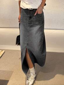 DAZY 做旧水洗褪色长款牛仔裙，带侧袋，适合女性，秋季服装，返校季服装，牛仔裙 - 深灰色 - 查看 6