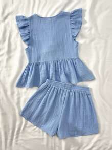 SHEIN Conjunto de top con chaleco de cárdigan con volantes y lazos y shorts de línea A con cintura con lazo, de color azul texturizado, suave y amigable con la piel, para adolescentes, ropa de verano, atuendos de vacaciones, atuendos de playa, ropa de estar en casa, vacaciones en el campo