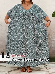 SHEIN CURVE+ 大码女式度假宽松碎花 V 领短袖娃娃裙教师裙、沙滩裙太阳裙、度假服装波西米亚风女士海滩服装/沙滩裙/海滩度假服装/海滩必备品/毕业/茶会礼服