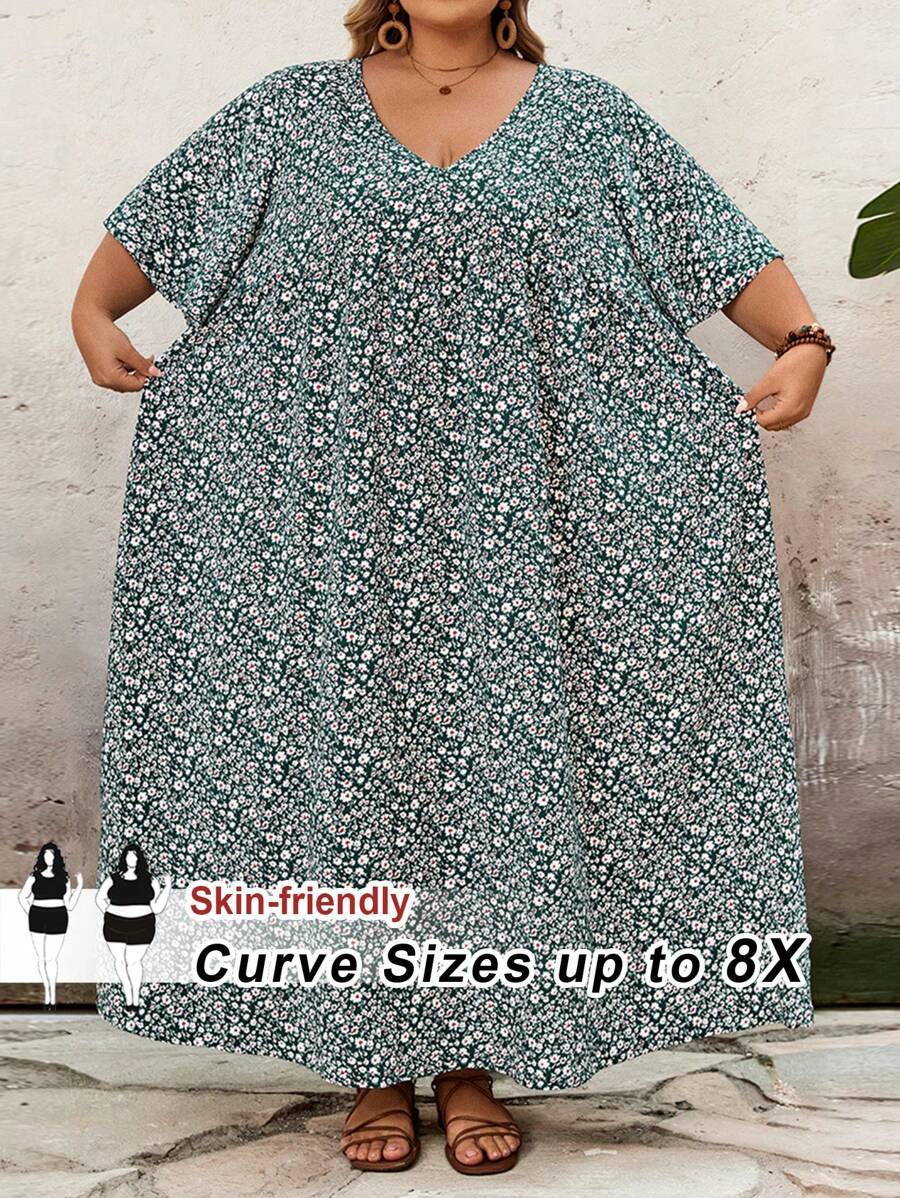 SHEIN CURVE+ 大码女式度假宽松碎花 V 领短袖娃娃裙教师裙、沙滩裙太阳裙、度假服装波西米亚风女士海滩服装/沙滩裙/海滩度假服装/海滩必备品/毕业/茶会礼服