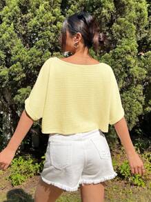 SHEIN EZwear Áo thun dệt kim vai chéo bán trong suốt thời trang mùa hè dành cho nữ màu trơn - Màu vàng - Xem 2