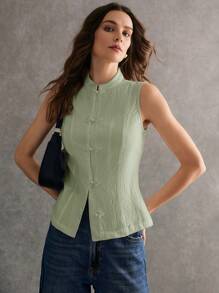 Poéselle Women's Elegant Solid Color Stand Collar Button-Up Camisole - Mint Green - View 6