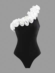 SHEIN 2pcs/Set Women's White Lace Patchwork Halter One Piece Swimwear With Tie Wrap Skirt Beachwear Set, Summer - Black - View 3