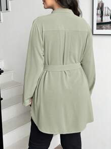 Shapeblank Plus Size Women Autumn And Spring Casual Loose Long Sleeve Green Long V Neck Shirt,Button Down Work Shirts,Teacher,Back To School,Office Wear,Spring Tops - Mint Green - View 2