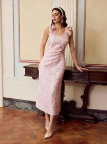 ZEYLAH Đầm dài xẻ tà không tay thắt nơ họa tiết jacquard - Hồng - Xem 6