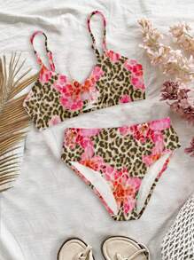 Teen Girls Casual Minimalist Fitted Cami & Triangle Bikini Swimsuit Set, Suitable For Summer - Multicolor - View 1