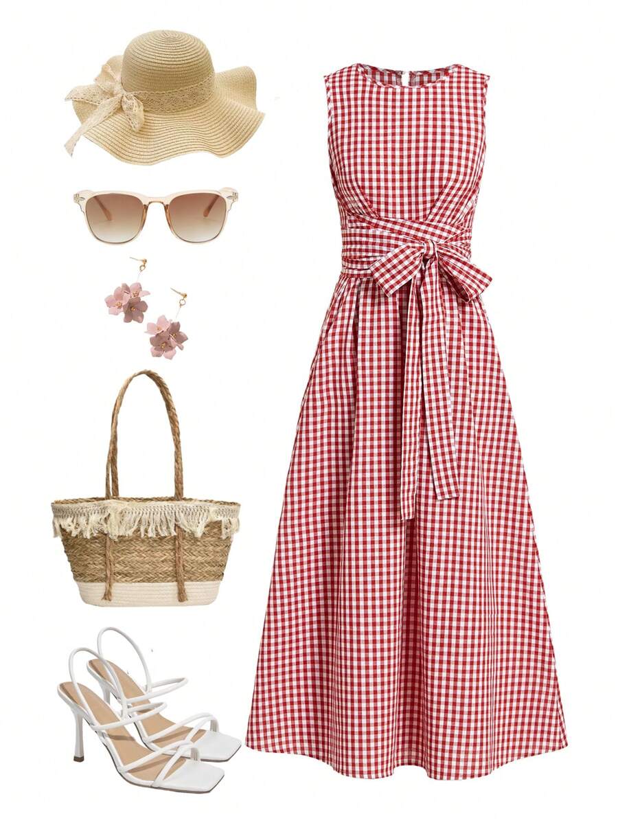 Ellevyn 女士夏季假日野餐格子圆领系带腰部口袋无袖宽松休闲连衣裙，适合各种场合、休闲、通勤和旅行 - 紅白色 - 查看 1