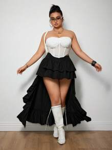 SHEIN ICON Plus Size Black Woven Fabric Tiered Layer Long Skirt: Casual, Ruffled, And Asymmetrical High-Low Design For A Stylish Look - Black - View 6