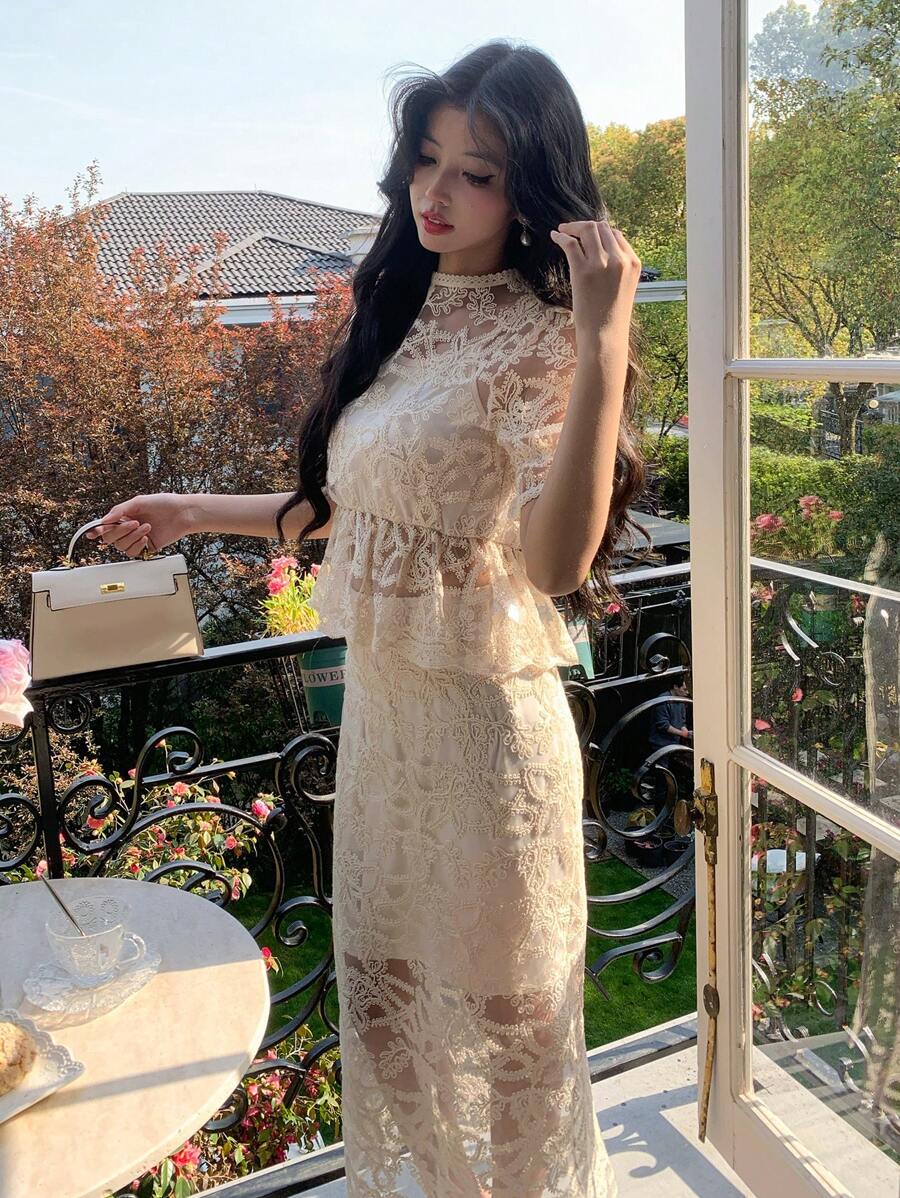 DAZY New Summer Openwork Embroidery Round Neck Short Sleeve Top + Skirt Elegant Two Pieces Set - White - View 1