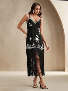 Anewsta Cocktail Party Vacanță Retro Rochie Brodată Decolteu V cu ciucuri pentru femei