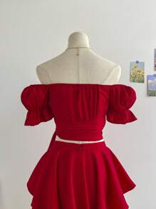 Soleia Tie Front Off Shoulder Top & Layered Hem Shorts - Red - View 7