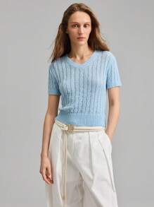 Ontre Regular Fit Short Sleeve V-Neck Knit Top, Fashionable For Summer - Blue - View 6