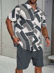 Manfinity Homme 2pcs Plus Size Men's Summer Casual Colorblock Print Shirt And Shorts Set - Dark Grey - View 8
